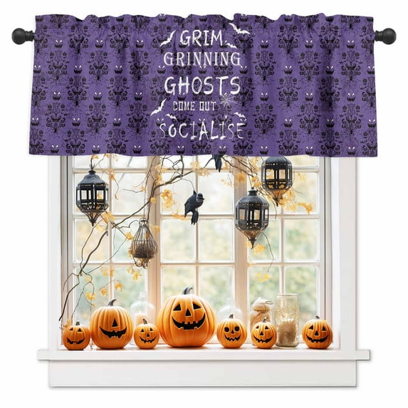 Halloween Valances for Windows Grimace Spooky Pattern Window Curtain Rod Pocket Purple Ghosts Bat Cobweb Holiday Window Treatment Decor Valances for Kitchen Living Room Bedroom 54x18in