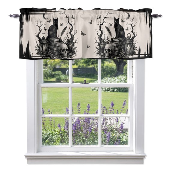 Halloween Valances for Windows Ink Black Cat Goth Skull Dark Academia Mystical Study Rod Pocket Light Filtering Short Window Treatments Curtains for Kitchen Bathroom Bedroom, 1 Panel, 42 x 12 Inch