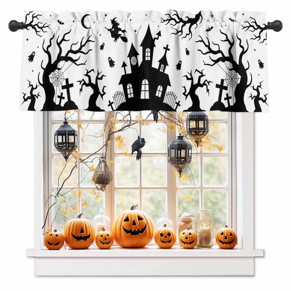 Halloween Valances for Windows Magic Witch Broom Window Curtain Rod Pocket Black Ghost Moon Castle Holiday Window Treatment Decor Valances for Kitchen Living Room Bedroom 54x18in