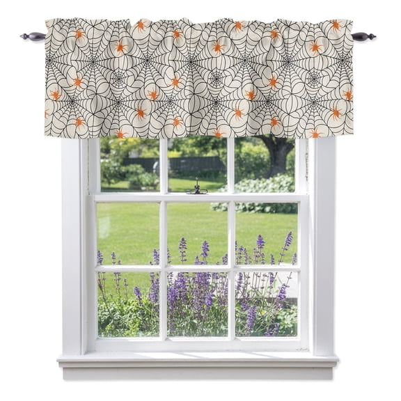 Halloween Valances for Windows Minimalist Orange Creeper Black Cobweb Horror Linen Rod Pocket Light Filtering Short Window Treatments Curtains for Kitchen Bathroom Bedroom, 1 Panel, 42 x 12 Inch