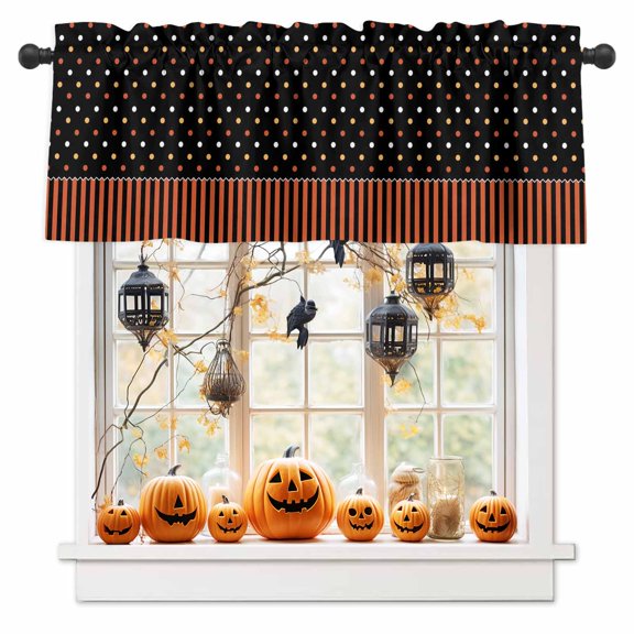Halloween Valances for Windows Orange Black Striped Window Curtain Rod Pocket Polka Dot Holiday Window Treatment Decor Valances for Kitchen Living Room Bedroom 54x18in