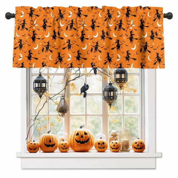 Halloween Valances for Windows Orange Witch Flying Window Curtain Rod Pocket Black Bat Star Moon Holiday Window Treatment Decor Valances for Kitchen Living Room Bedroom 54x18in