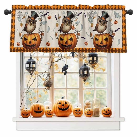 Halloween Valances for Windows Owl Ghost Window Curtain Rod Pocket Bat Jack-O-Lantern Pumpkin Holiday Window Treatment Decor Valances for Kitchen Living Room Bedroom 54x18in