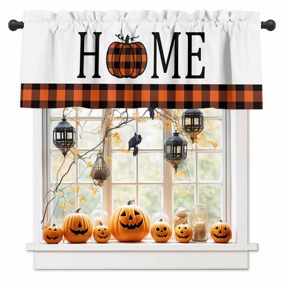 Halloween Valances for Windows Pumpkin Home Window Curtain Rod Pocket Orange Buffalo Check Holiday Window Treatment Decor Valances for Kitchen Living Room Bedroom 54x18in