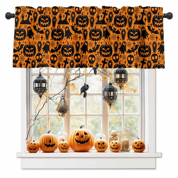 Halloween Valances for Windows Pumpkin Skull Ghost Window Curtain Rod Pocket Bats Cobweb Black Orange Holiday Window Treatment Decor Valances for Kitchen Living Room Bedroom 54x18in