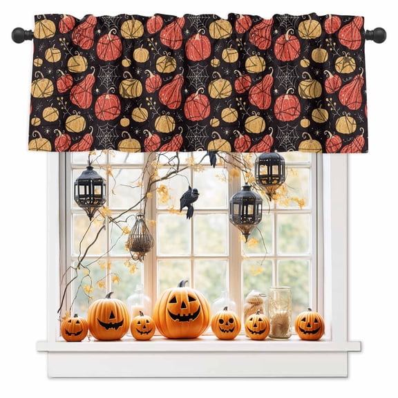 Halloween Valances for Windows Red Orange Pumpkin Window Curtain Rod Pocket Black Holiday Window Treatment Decor Valances for Kitchen Living Room Bedroom 54x18in