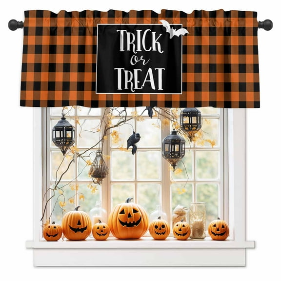 Halloween Valances for Windows Trick Or Treat Window Curtain Rod Pocket Bat Orange Buffalo Check Holiday Window Treatment Decor Valances for Kitchen Living Room Bedroom 42x12in