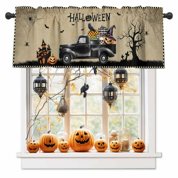 Halloween Valances for Windows Truck Pumpkin Skull Window Curtain Rod Pocket Retro Crow Bat Plaid Holiday Window Treatment Decor Valances for Kitchen Living Room Bedroom 42x12in