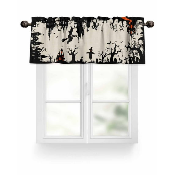 Halloween Valances for Windows Vintage Black Flying Witch Castle Linen Texture Valance Rod Pocket Short Window Treatments Curtains for Kitchen Bathroom Living Room Bedroom, 42 x 18 Inch