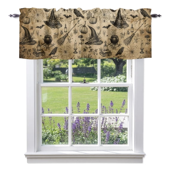 Halloween Valances for Windows Vintage Black Witch Hat Pumpkins Cobweb Broom Book Rod Pocket Light Filtering Short Window Treatments Curtains for Kitchen Bathroom Bedroom, 1 Panel, 56 x 16 Inch