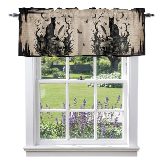 Halloween Valances for Windows Vintage Sitting Black Cat Goth Skull Dark Academia Rod Pocket Light Filtering Short Window Treatments Curtains for Kitchen Bathroom Bedroom, 1 Panel, 42 x 12 Inch