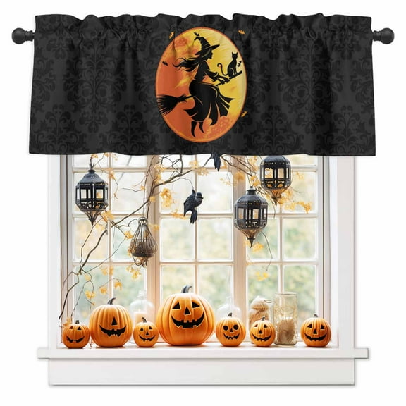 Halloween Valances for Windows Witch Riding Broom Window Curtain Rod Pocket Black Cat Bat Moon Holiday Window Treatment Decor Valances for Kitchen Living Room Bedroom 42x12in