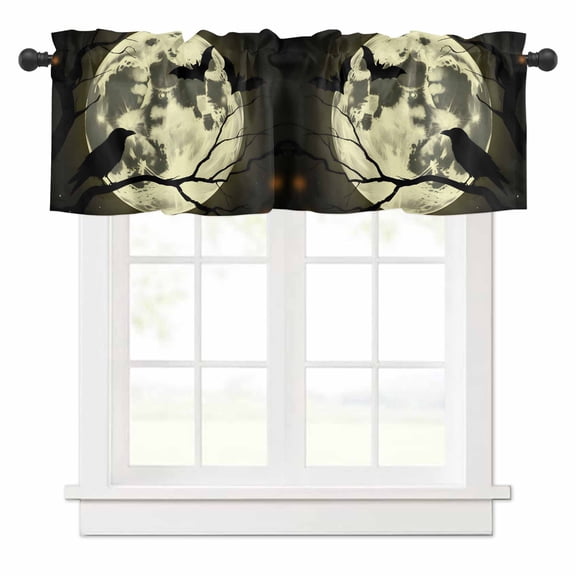 Halloween Valances for Windows Crow Moon Rod Pocket Curtain Valance Window Treatment Short Curtains for Kitchen Living Room, 60"x14"