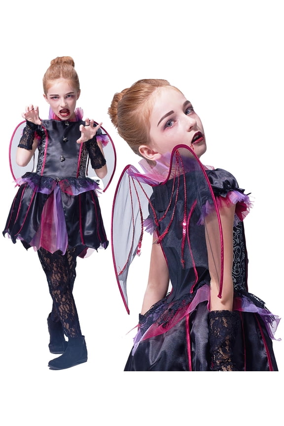 Halloween Vampire Bat Costume with Wings for Girls, Kids Gothic Darkness Fancy Dress Outfit 7-8