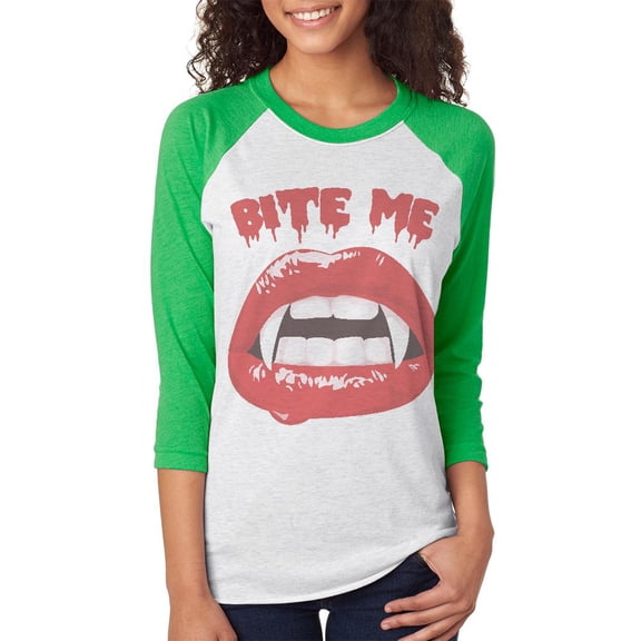 Halloween Vampire Bite Me Unisex Raglan T Shirt Irish Green X-SM