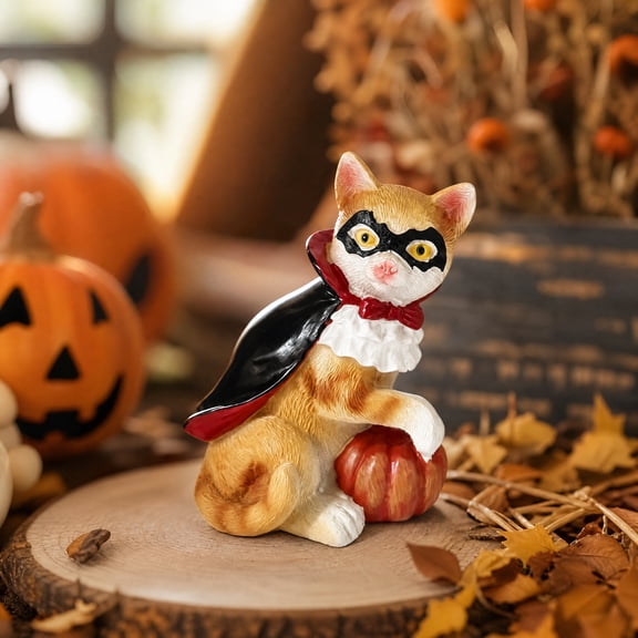 Halloween Vampire Cat Resin Statue, stable anti-tip family-friendly detailed kitty decor, reusable gothic tabletop ornament for windowsill cabinet Halloween cottagecore home decoration
