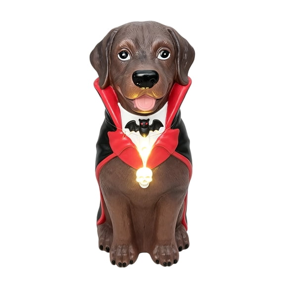 Halloween Vampire Dog Statue with Light-Up Necklace – Cute Resin Dracula Puppy Figurine, Fall Porch & Balcony Outdoor Decor for Dog Lovers