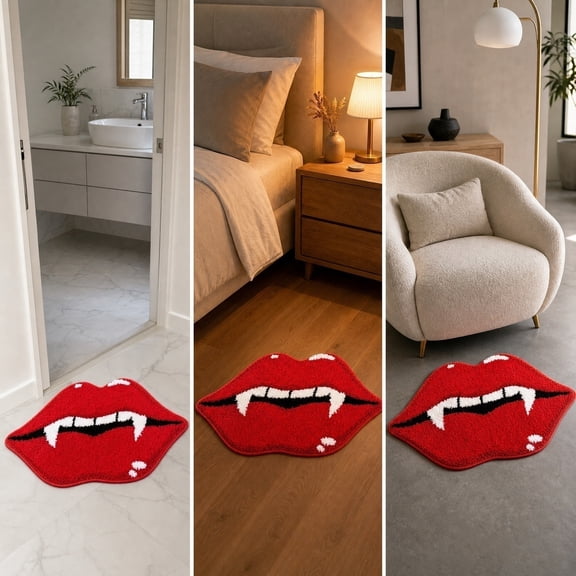 Halloween Vampire Fangs Red Lips Shaped Bath Mat, Absorbent Non Slip Rubber Back Gothic Spooky Floor Doormat Washable Rug for Bedroom Entryway Halloween Home Decor