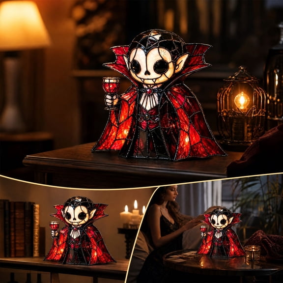 Halloween Vampire Figurine Lamp Stained‑Glass Style Table Light for Holiday Tabletop Shelf Indoor Decoration