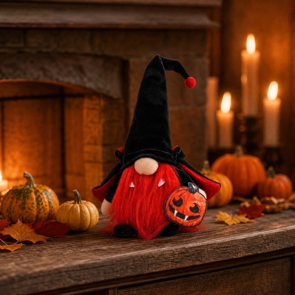 Halloween Vampire Gnome Plush, 10.2 Inch Faceless Doll with Fangs and Pumpkin, Spooky Holiday Decor for Shelf Mantel Tabletop Party Display