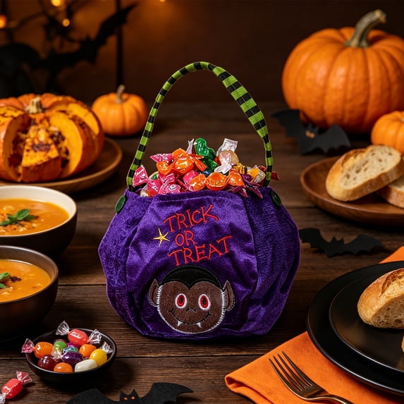 Halloween Vampire Trick Or Treat Plush Candy Bag, Purple Embroidered Treat Pouch with Striped Handle, Reusable Kids Handheld Bucket for Trick-or-Treating Party Favors