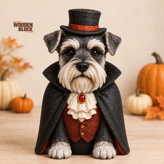 Halloween Vampire Wooden Block, Miniature Schnauzer 3-Layer Tabletop Accent for Dog Lovers