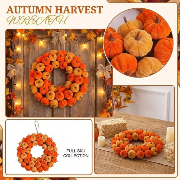 Halloween Velvet Mini Pumpkin Fall Wreath, 11.8" Thanksgiving Pumpkin Wreath Artificial Fall Harvest Wreath, Autumn Hanging Garland for Thanksgiving Festival Holiday Window Party Decor
