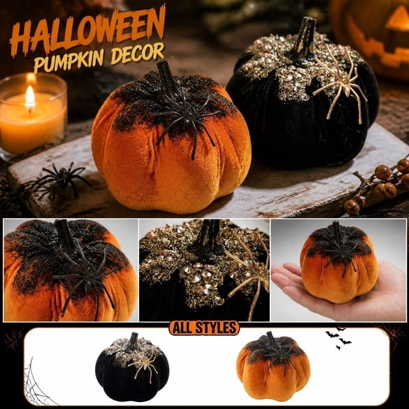 Halloween Velvet Pumpkins Decor, 3.9" Orange Glitter Spider Rhinestone Pumpkins, Small Artificial Velvet Pumpkins for Halloween Table Centerpiece Tiered Tray Mantel Home Party Decor