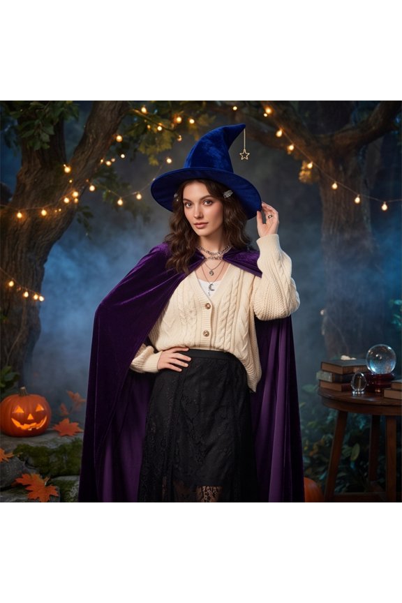 Halloween Velvet Witch Hat for Women, Pointed Cap with Star Charm — Medieval Cosplay Accessory Blue One Size