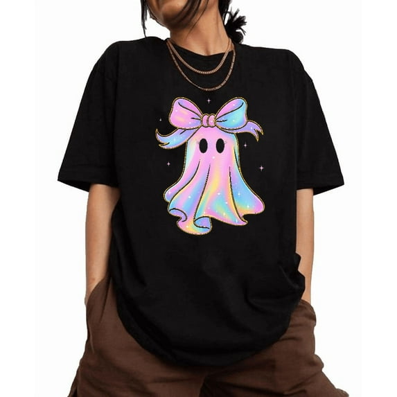 Halloween Vibes T-Shirt - Ghosts Colorful print, Casual Crew Neck with Bow tie Graphic,Halloween Graphic Tee,Causal,cotton,black,S-5XL