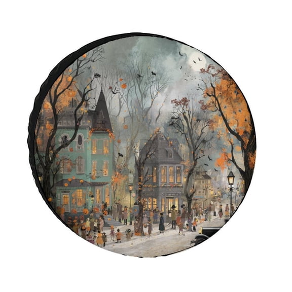 Halloween Vibrant Street Scene Camper Spare Tire Cover Halloween Holiday Wheel Tire Covers for Travel Trailers Protectors Weatherproof Dust-Proof Universal for Trailer SUV Truck Camper Travel 12inch