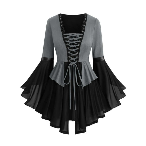 Halloween Victorian Gothic Medieval Women Plus Size Flare Sleeves Ruffles Flower Lace Up 2 in 1 Top Cosplay Costume