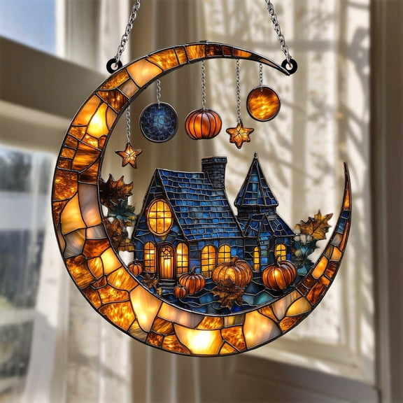 Halloween Village Crescent Moon Acrylic Suncatcher, Pumpkin Cottage Faux Stained Glass Window Hanging, Fall Decor Gift