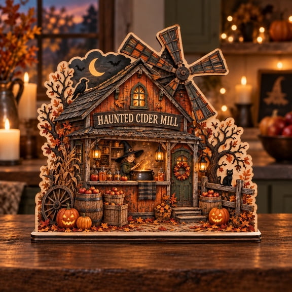 Halloween Village Plaque, Haunted Cider Mill Witch Scene, Wooden Tabletop Display for Autumn Hosts