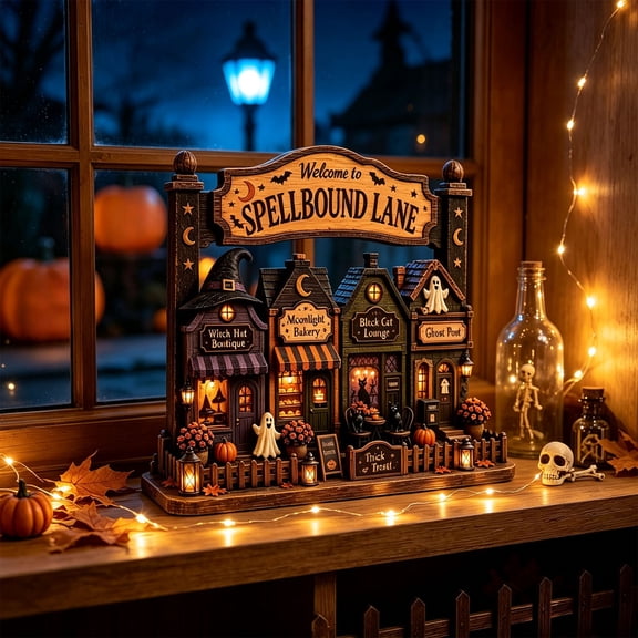 Halloween Village Wooden Block Decor for Fall Tabletop Display, 6.69 x 6.3 Inch Vintage Town Figurine, Rustic Halloween Fireplace Mantel Shelf Home Decor