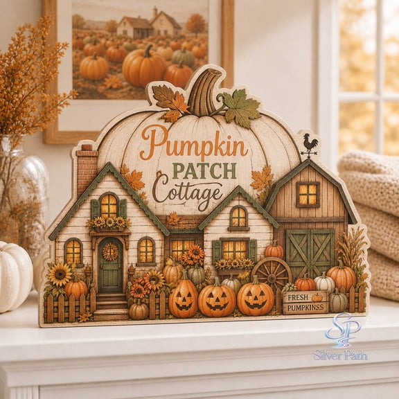 Halloween Village Wooden Block Pumpkin Patch Cottage Wood Shelf Decor for Farmhouse Fall Mantels