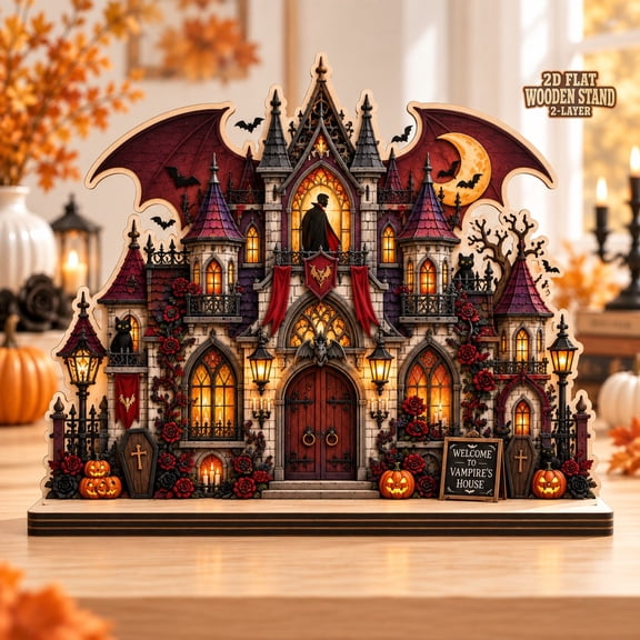 Halloween Village Wooden Block Vampire House Shelf Sitter for Spooky Season Lovers