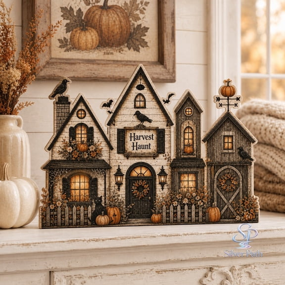 Halloween Village Wooden Block Vintage Haunted House Wood Farmhouse Shelf Decor for Halloween
