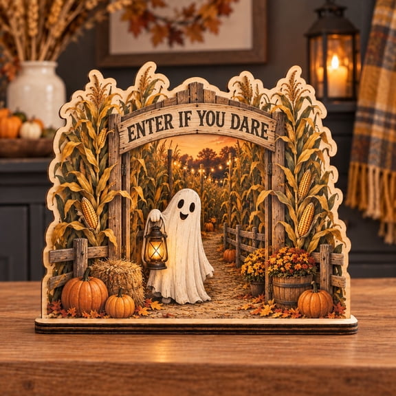 Halloween Village Wooden Plaque, Ghost Corn Maze Tabletop Display with Lantern and Pumpkins for Fall Parties