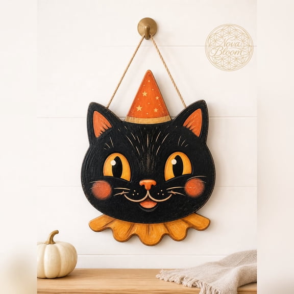 Halloween Vintage Gothic Wood Sign Door Hanger Decor Outdoor, Black Cat Gothic Home Décor