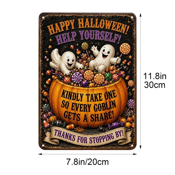 Halloween Vintage Metal Door Sign,Cute Ghost Pumpkin Candy Bowl Pattern Wall Plaque for Front Porch,Yard Wall & Garden Entray,11.8x7.8 Inch