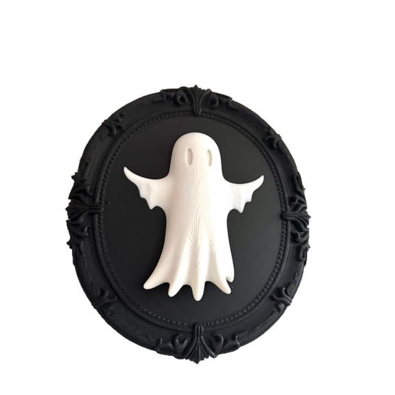 Halloween Vintage Ornate Frame 3D Ghost Resin Wall Hanging Decor, Black Baroque Oval Frame White Ghost Wall Plaque, Mild Spooky Gothic Halloween Bedroom Altar Front Door Prop