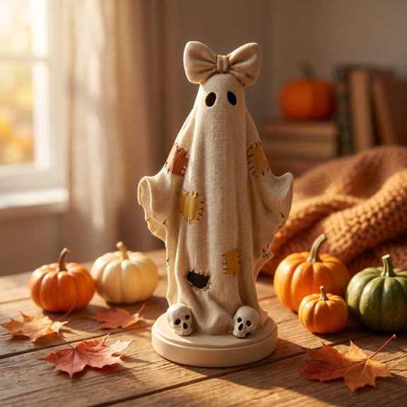 Halloween Vintage Patchwork Ghost Ornament Resin Fabric Style Decorative Figurine, Cute Spooky Skull Ghost Tabletop Shelf Mantel Decoration for Home Halloween Party Seasonal Display