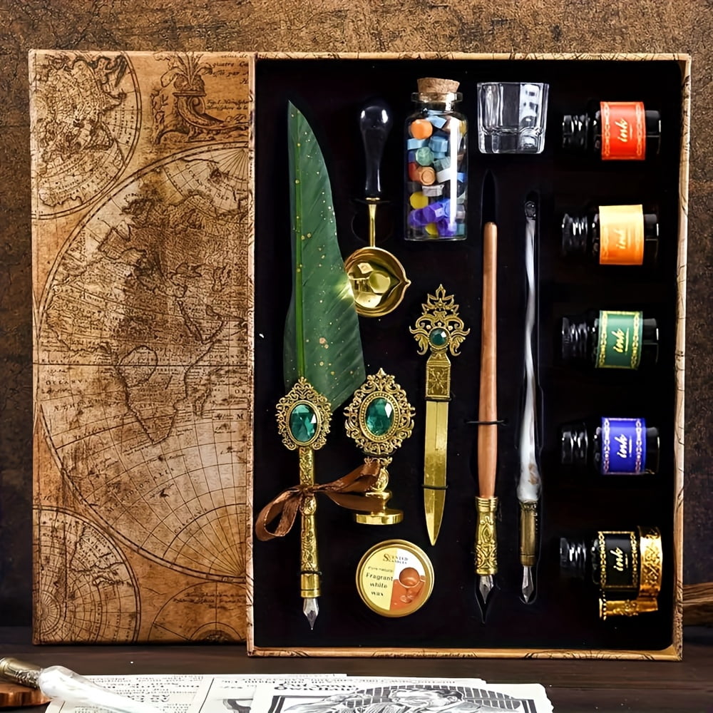 Halloween Vintage Quill Pen Set Calligraphy Glass Dip Pen Feather Pen Wax Seal Kit Multifunctional Letter Opener Reusable Writing Pen Ideal