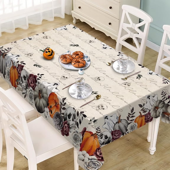 Halloween Vintage Rectangle Tablecloth 60 x 84 Inches, Gothic Skull Pumpkin Spooky Ghost Rose Flower Decorative Dining Table Cloth, Retro Skeleton Dinner Tablecover Picnic Party Decoration