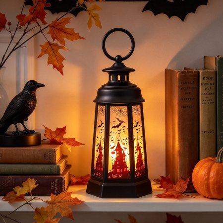 Vintage Halloween Silhouette LED Lantern 5.70 in Hanging Spooky Lamp for Mantel, Table and Window Decor