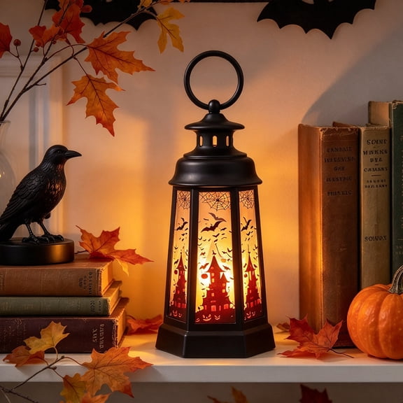 Vintage Halloween Silhouette LED Lantern 5.70 in Hanging Spooky Lamp for Mantel, Table and Window Decor