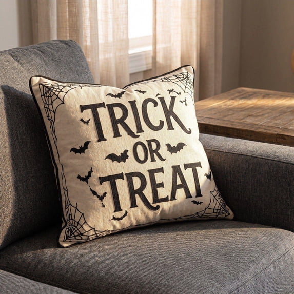 Halloween Vintage Spider Web Bat Square Cushion, Halloween Trick or Treat Throw Pillow, Farmhouse Linen Decorative Pillowcase, for Sofa, Couch, Fall Home Decor
