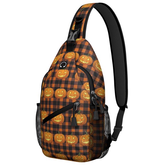 Halloween Vintage Stamp Collage Pattern Sling Backpack, Unisex Daily Travel Sling Pack with Side Mesh Pockets, Earphone Hole Port Gift Ideas for Travel Shopping Commuting