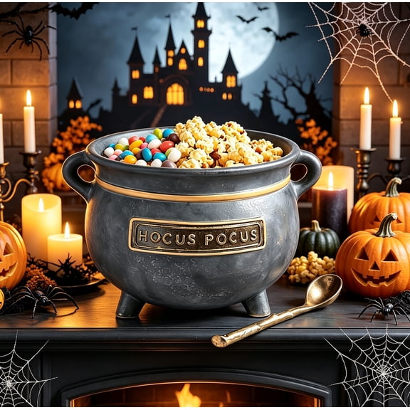 Halloween Vintage Witch Cauldron Bowl with Spoon - Spooky Candy Snack Storage, Home Kitchen Table Decor, Indoor Outdoor Party Centerpiece, Black Festive Halloween Ornament